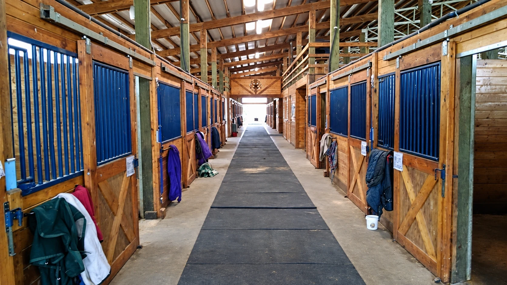 A sunlit barn aisle with wooden stalls and blue doors